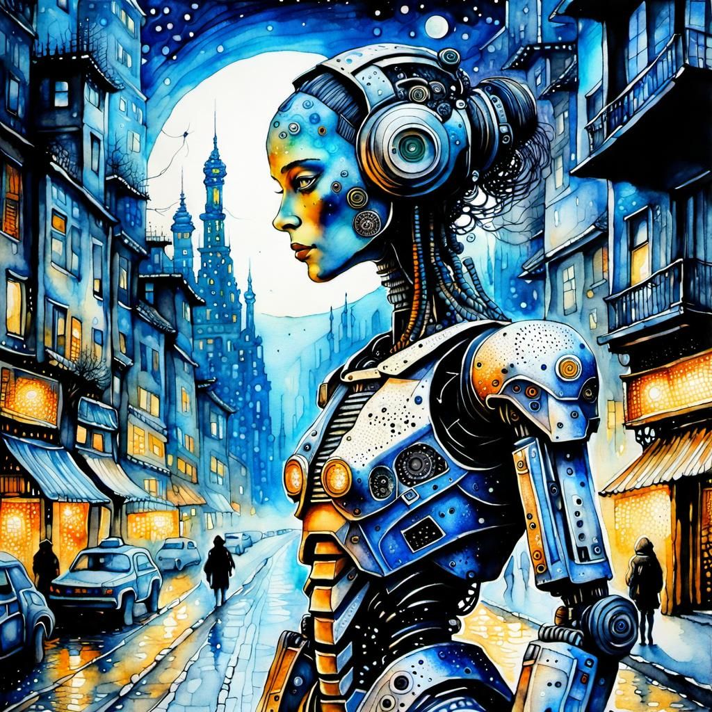 Female Cyborg Robot in Watercolor Dot Art