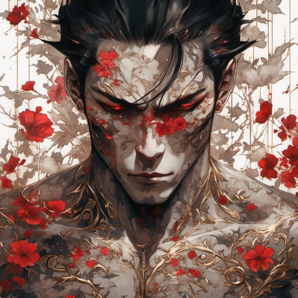 Yakuza Portrait with Floral Transparency in Antique Style