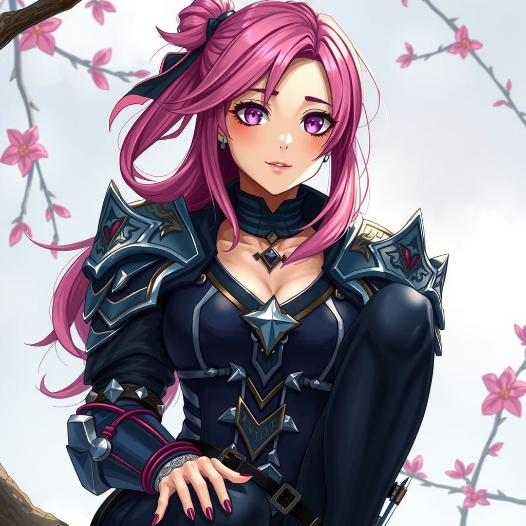 Pink-Haired Warrior Resting, Anime Style