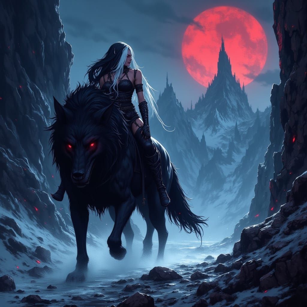 Gothic Elf on Giant Wolf in Dark Fantasy Landscape