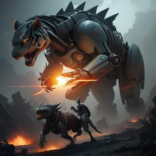 Mecha Tiger vs Velociraptor in Ruined City
