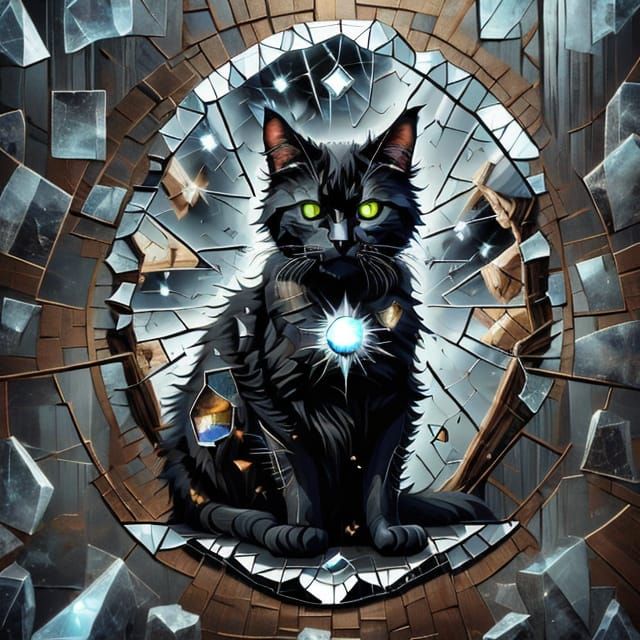 Superstitious Black Cat with Shattered Mirror
