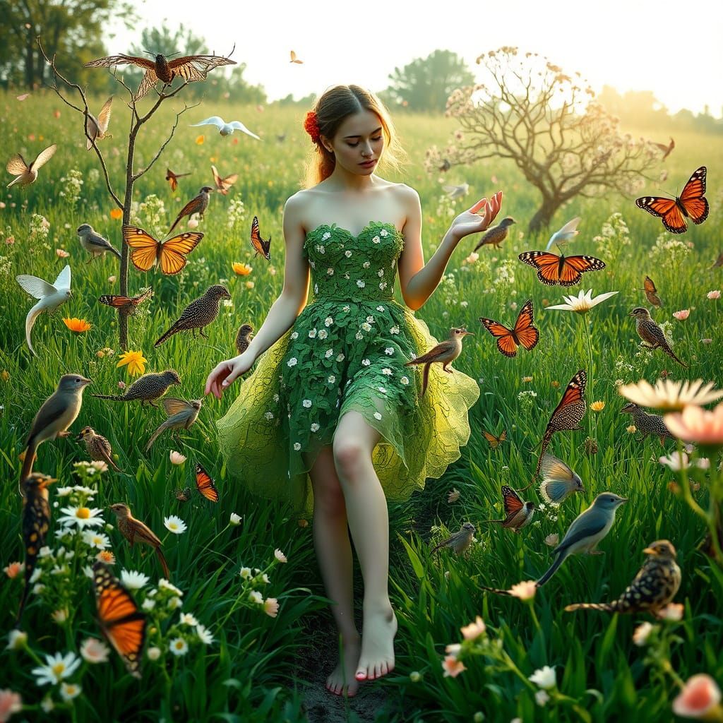 Surreal Goddess Emerges from Blossoming Grasslands in a Drea...