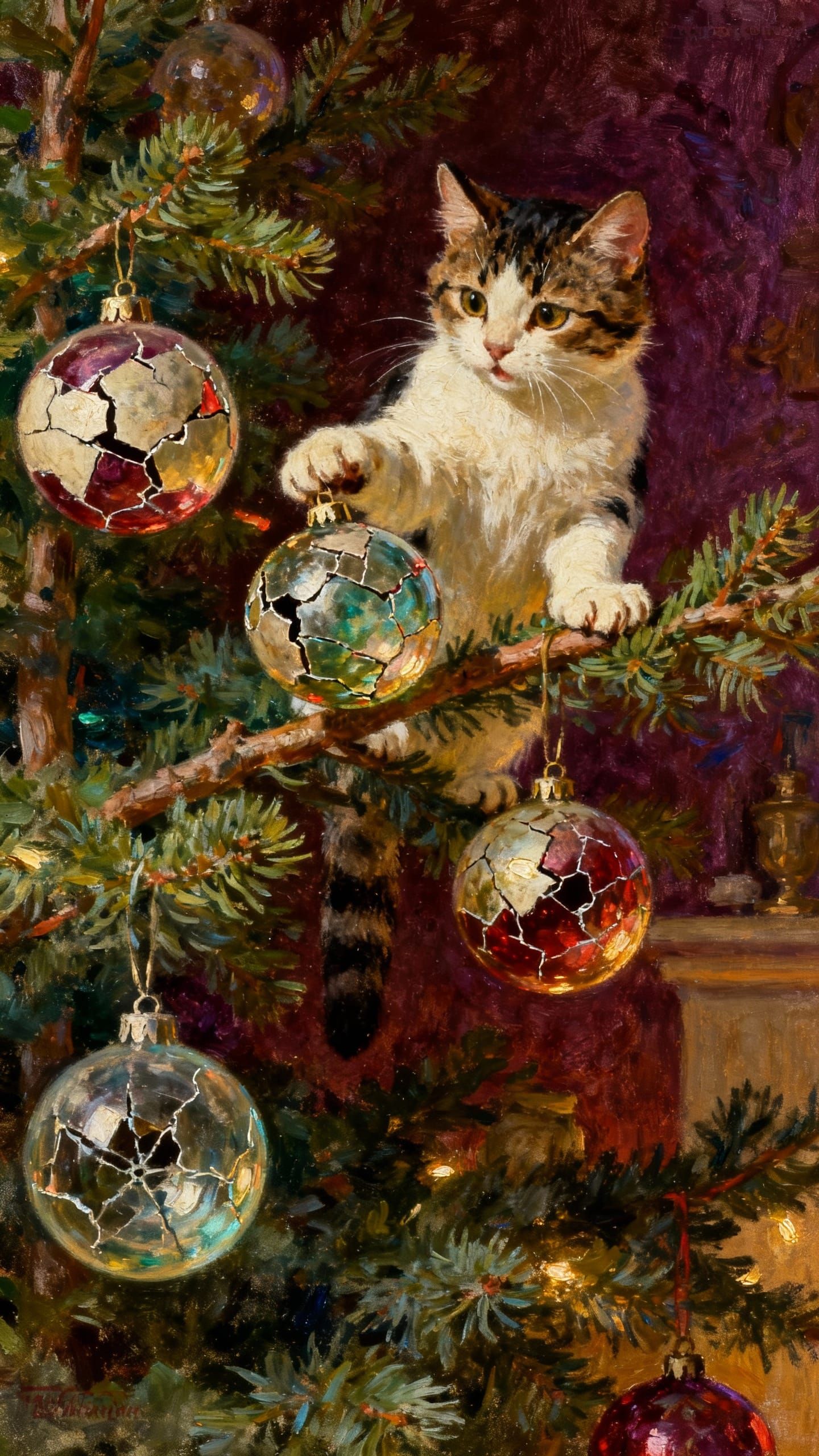 Mischievous Cat Shatters Vintage Christmas Baubles in Oil Pa...