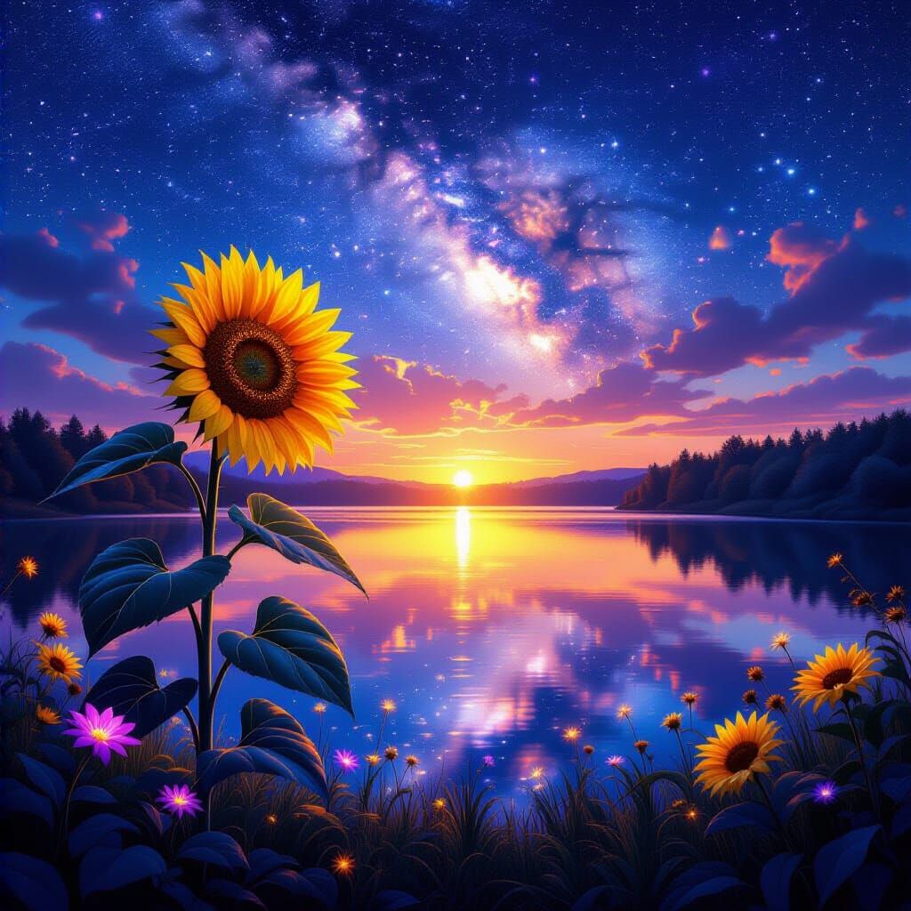 Cosmic Sunflower Sunset: Fantasy Landscape with Bioluminesce...
