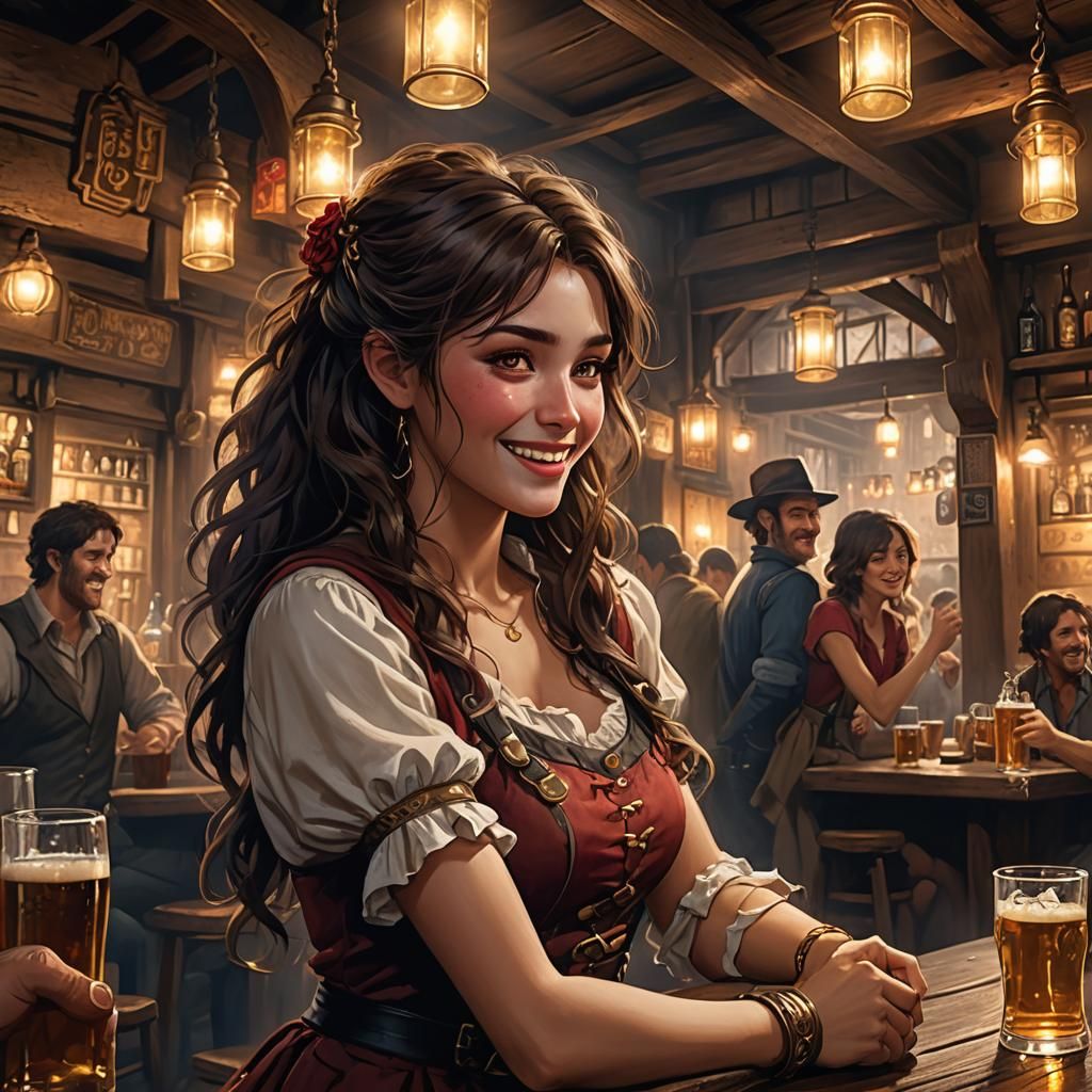 Mischievous Beauty in a Dark Fantasy Tavern
