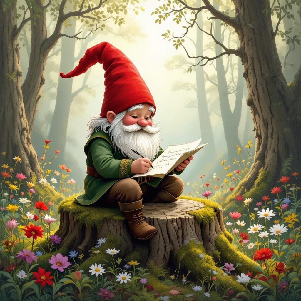Gnome Writing Letter in Whimsical Fantasy Forest