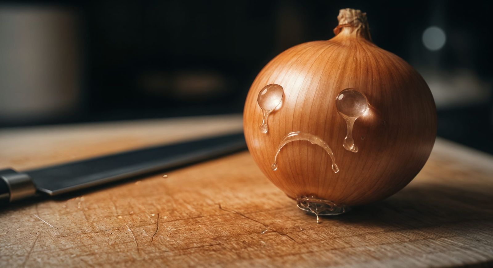 Humorous Realistic Onion Crying on Kitchen Cutting Board