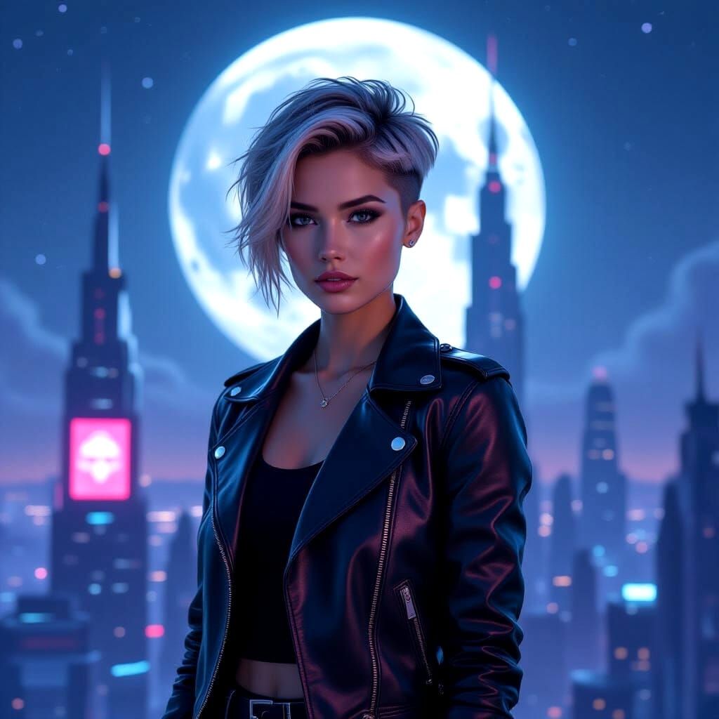 Lunar Cityscape: Woman in Cyberpunk Style