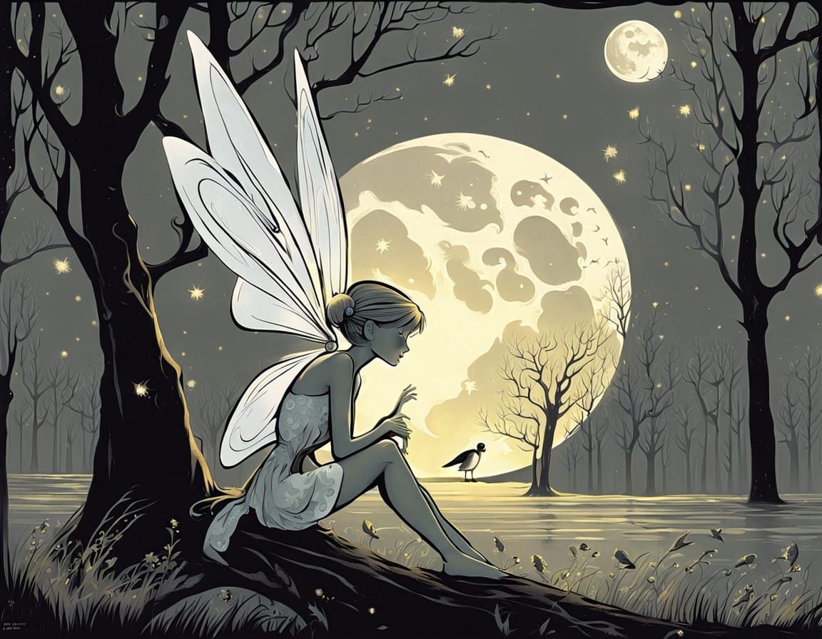 Tinkerbell in Eerie Night Atmosphere with Moon