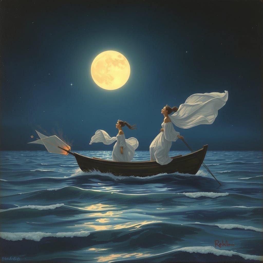 Ethereal Figures Sail on Moonlit Sea