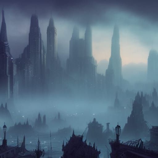 Lovecraftian Cityscape in Mist: Detailed Matte Painting