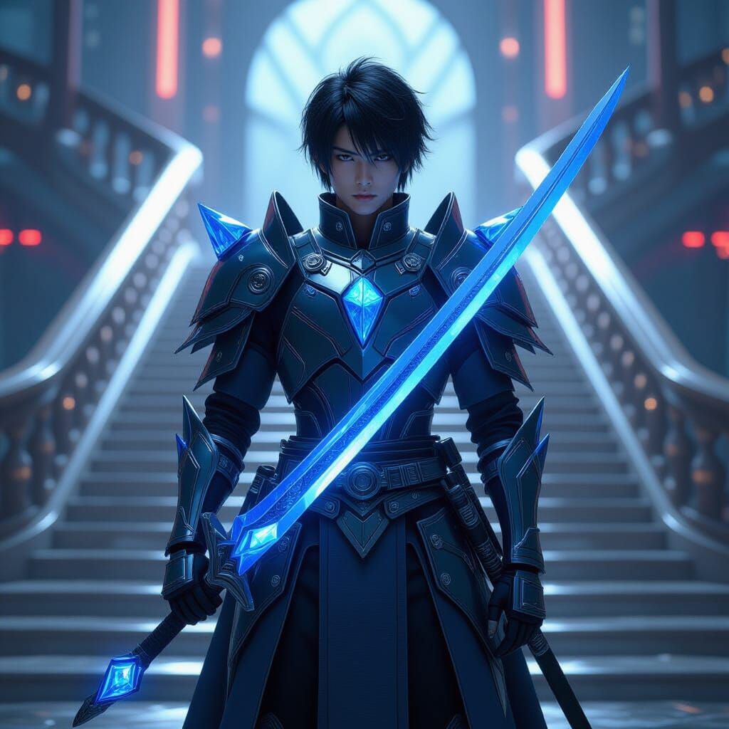 Futuristic Warrior with Crystal Armor and Sword