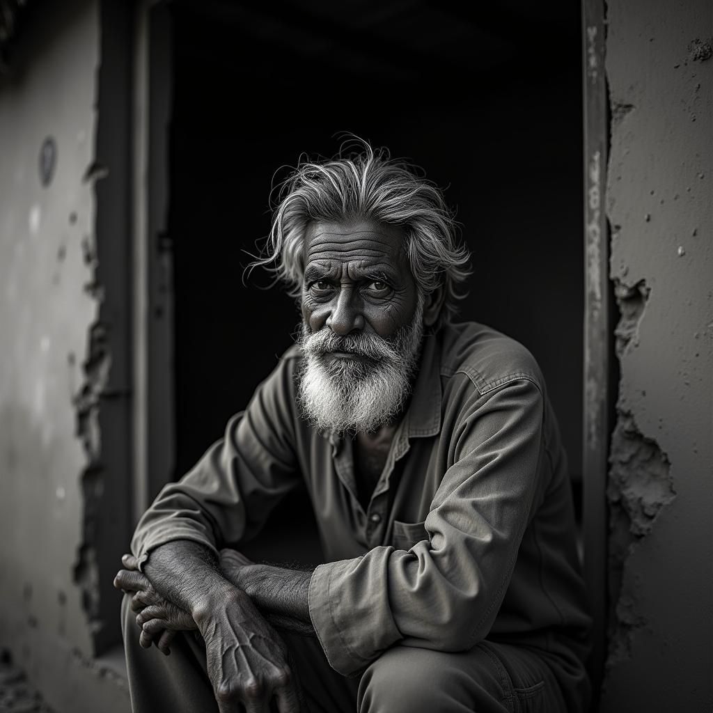 Contemplative Fisherman Portrait in Black and White