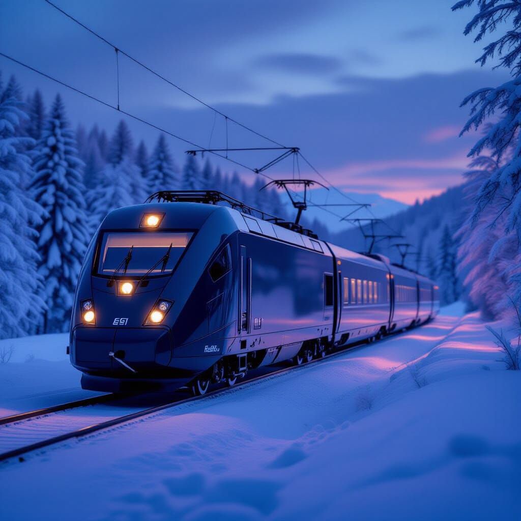 Modern Train in Snowy Twilight Landscape