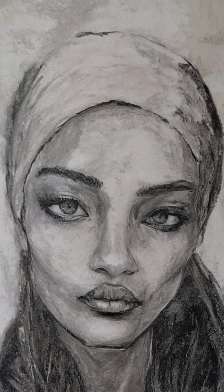 Goth Girl Portrait in Charcoal and Impasto Style