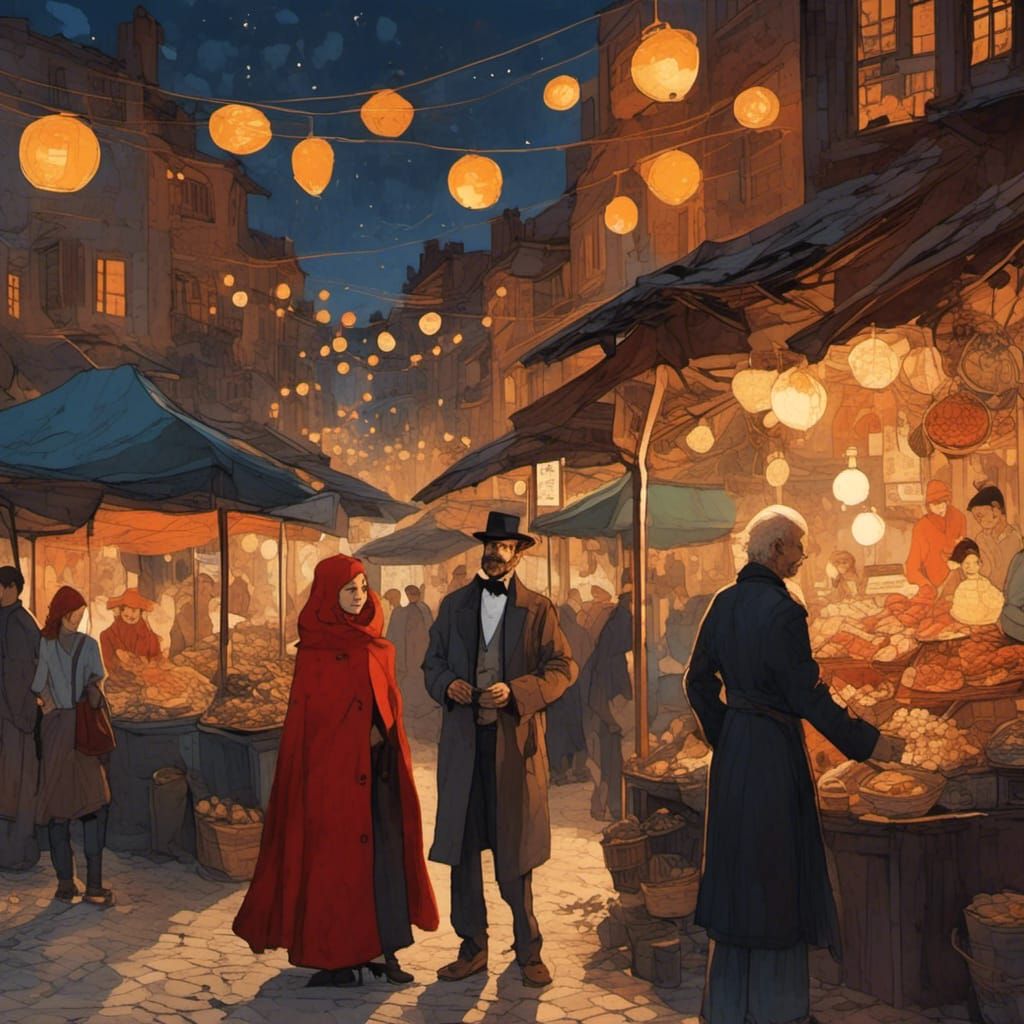 Bustling City Street at Night, Graphic Novel Illustration