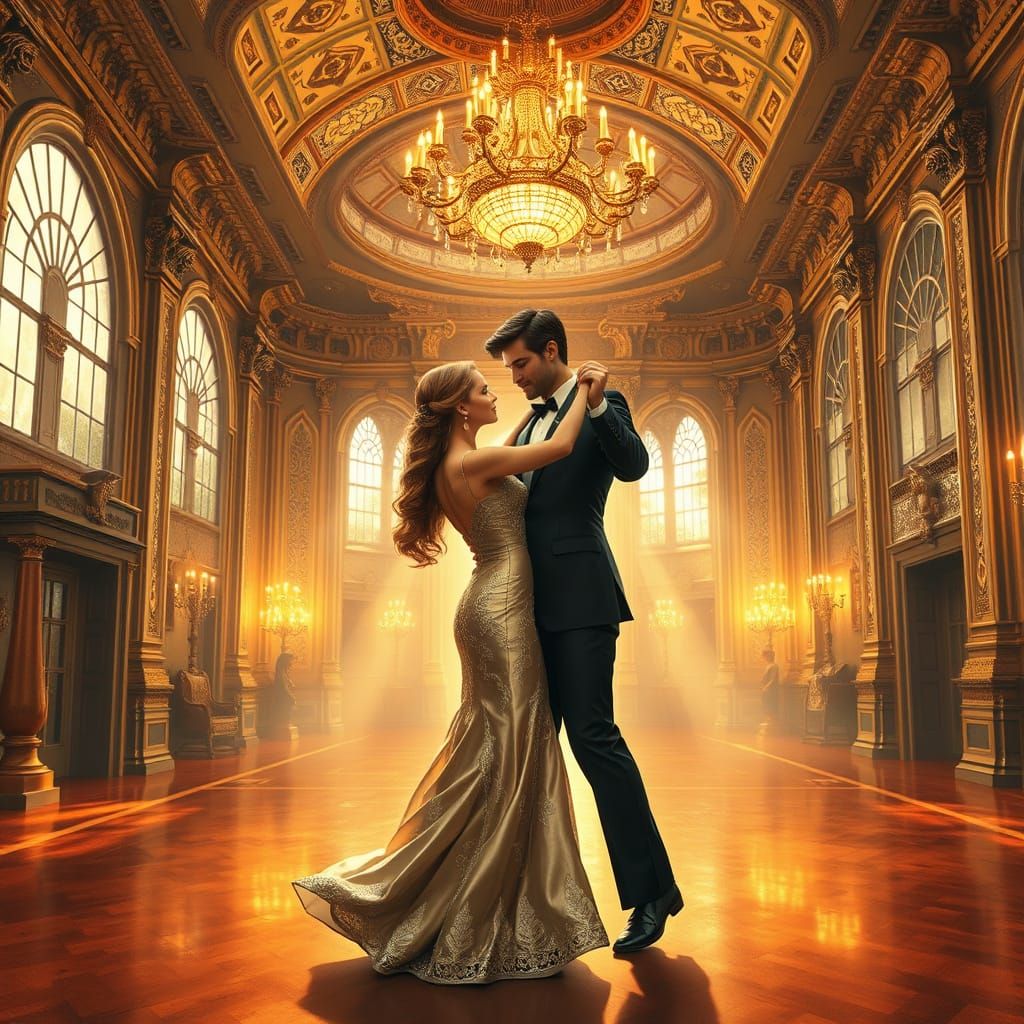 Elegant Couple Waltzing in Baroque Ballroom, Art Nouveau Sty...