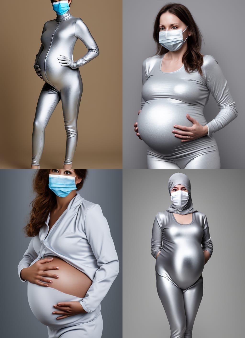 Pregnant Woman in Silver Catsuit and Surgical Mask