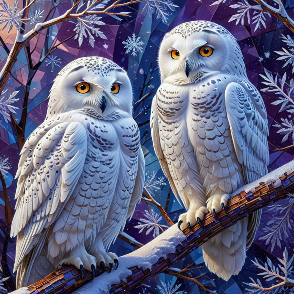 Snowy Owls in Abstract Cubist Mosaic Tile Art