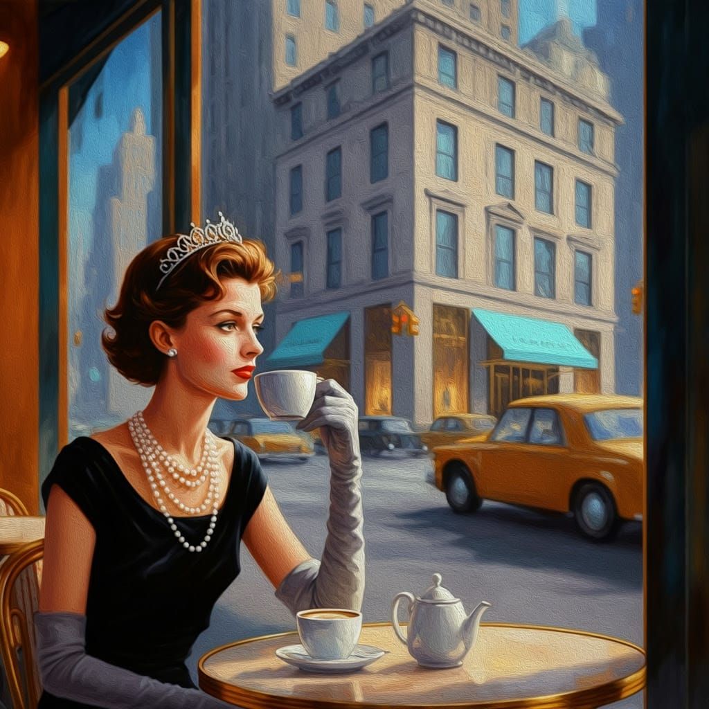 Elegant Woman Sits Alone in Café, Gazing at Tiffany & Co.