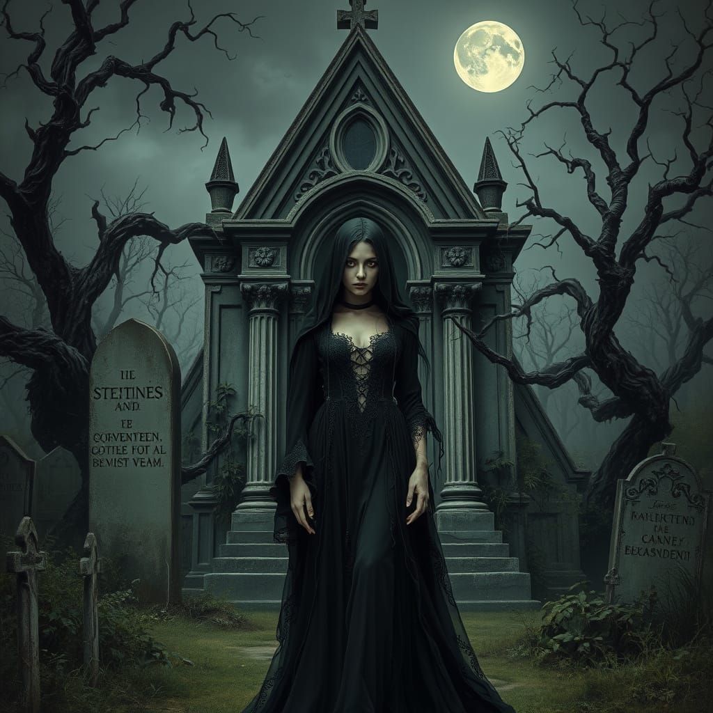 Elegant Phantom Contemplates Gothic Mausoleum Under Moonligh...
