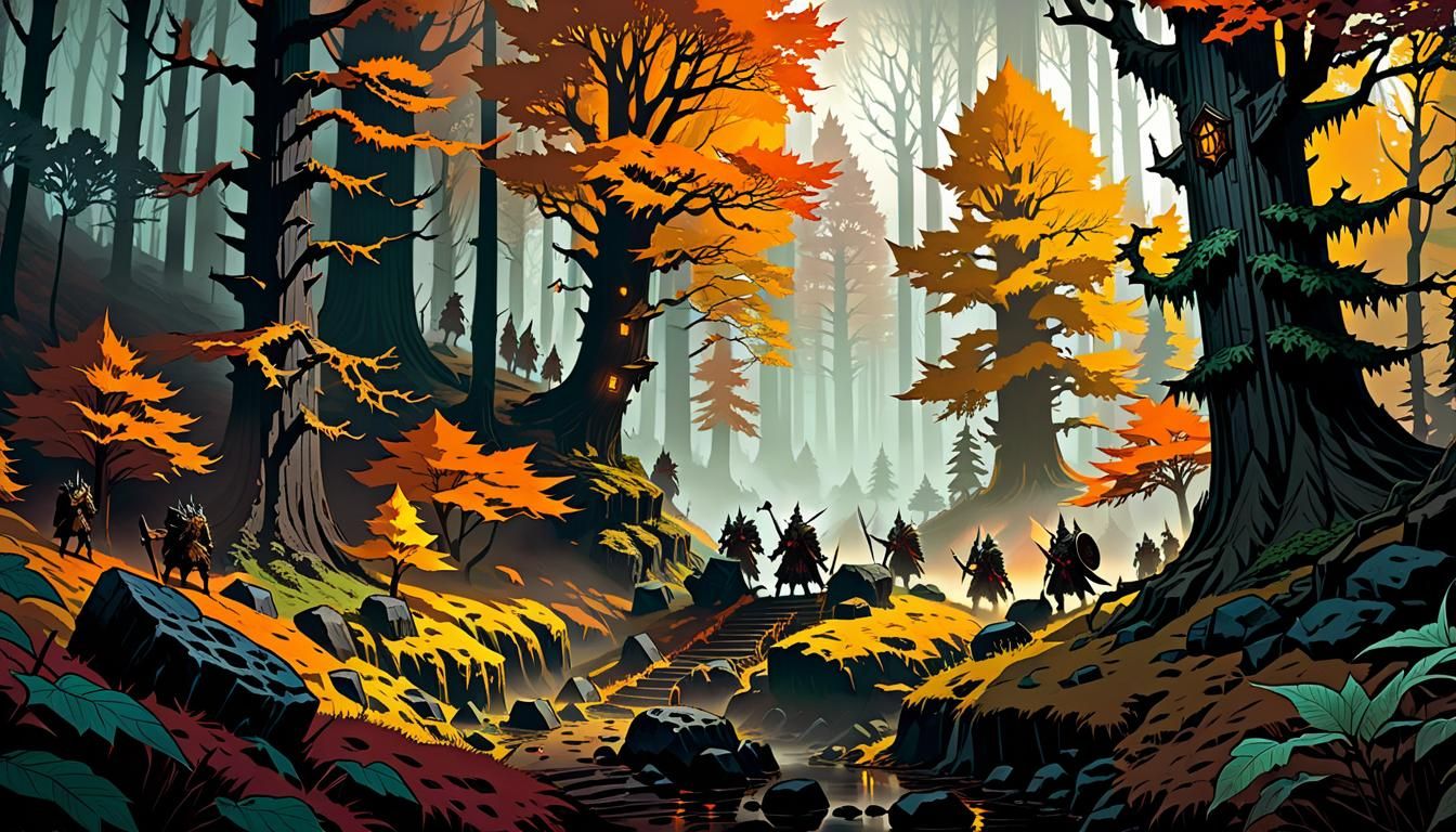 Wood Druids Explore Misty Autumn Forest