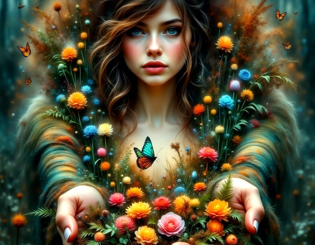 Ethereal Goddess Cradles Lush Magical Garden