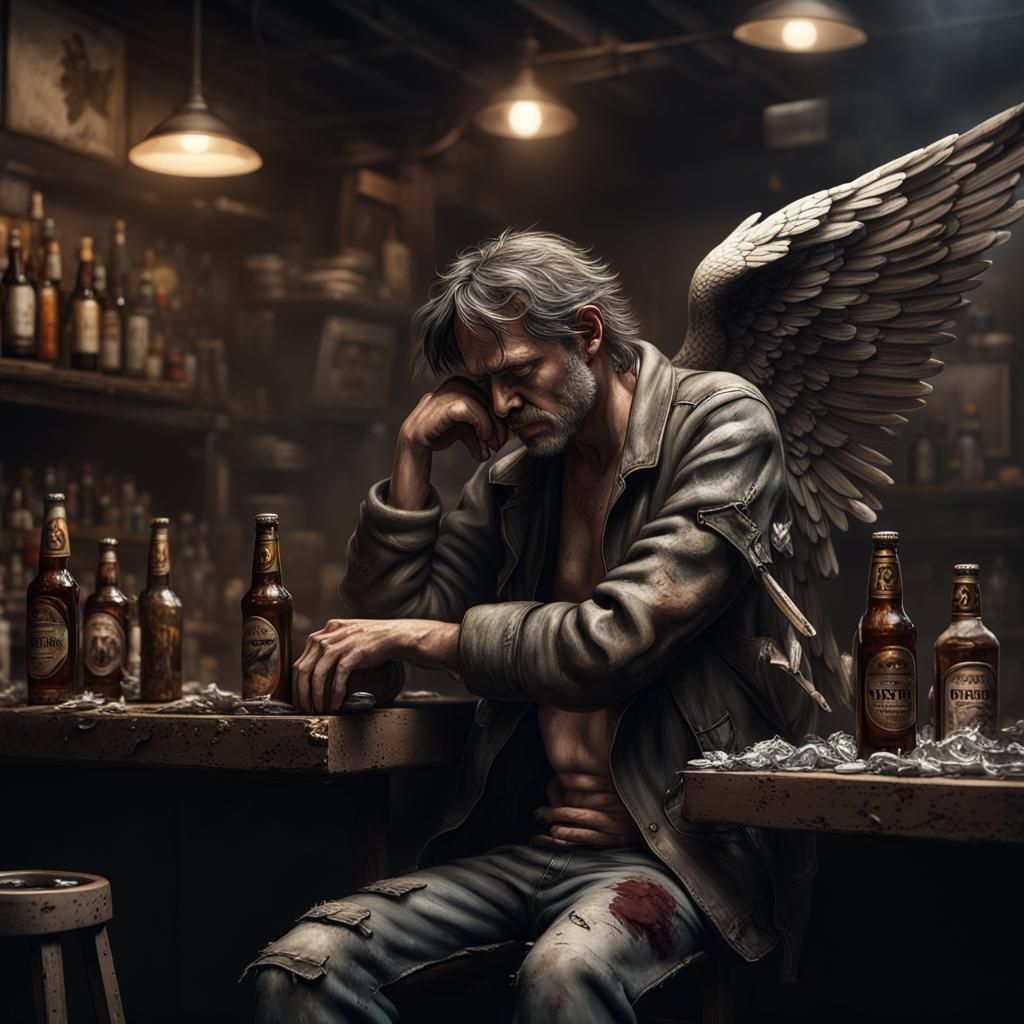 Sorrowful Angel in Smoky Bar: Realistic 3D Render