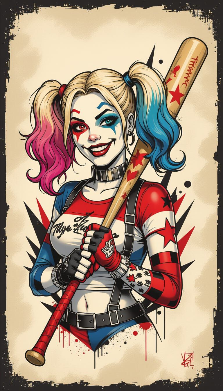 Harley Quinn Tattoo with Baseball Bat in Trash Polka Style