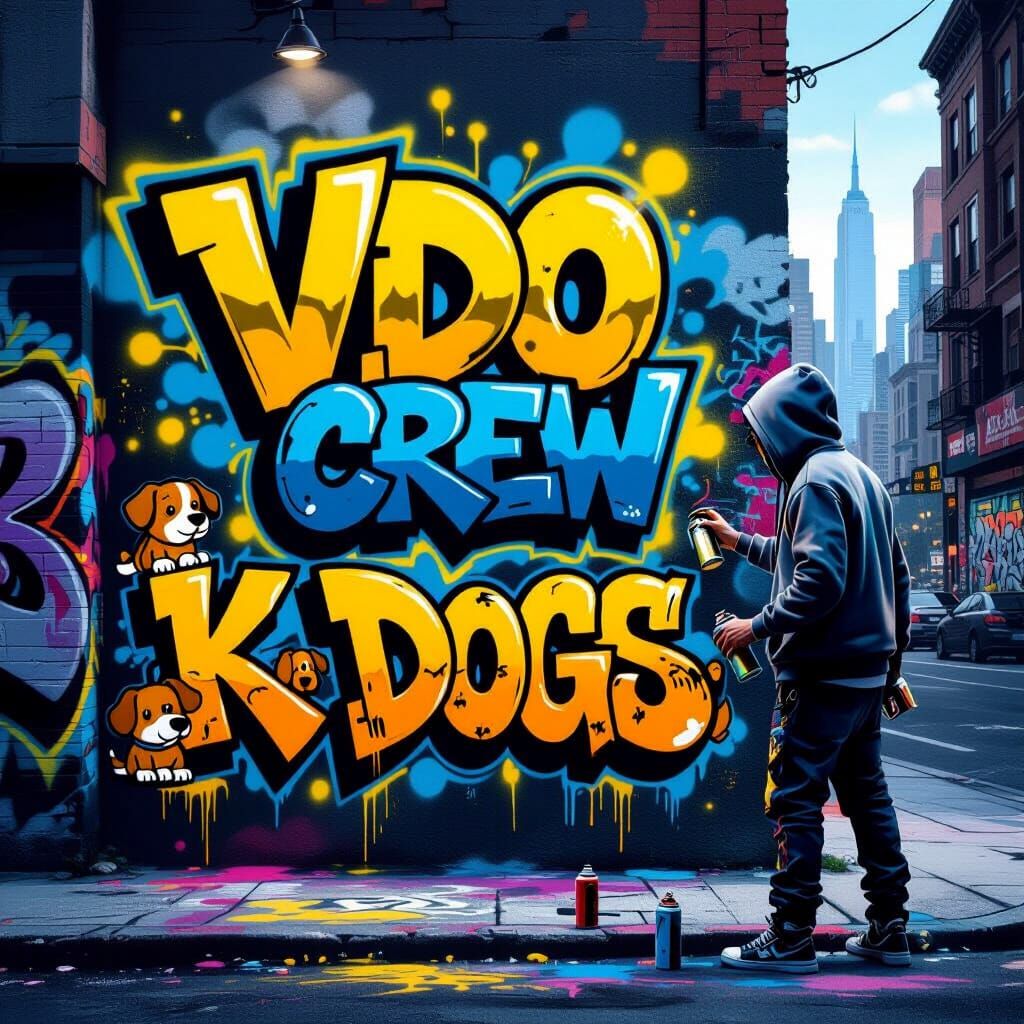 Urban Alley Graffiti Scene with Artist Adding Finishing Touc...