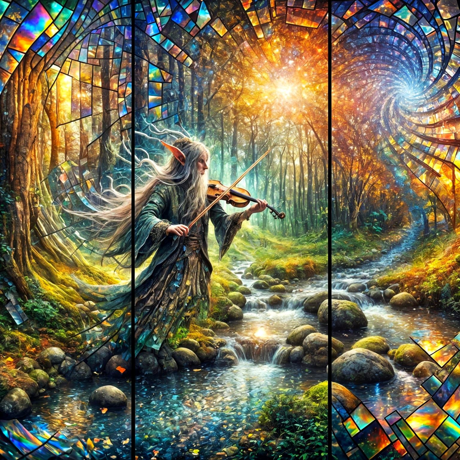 Enchanted Forest Refractions: Elf Lord in Iridescent Haze