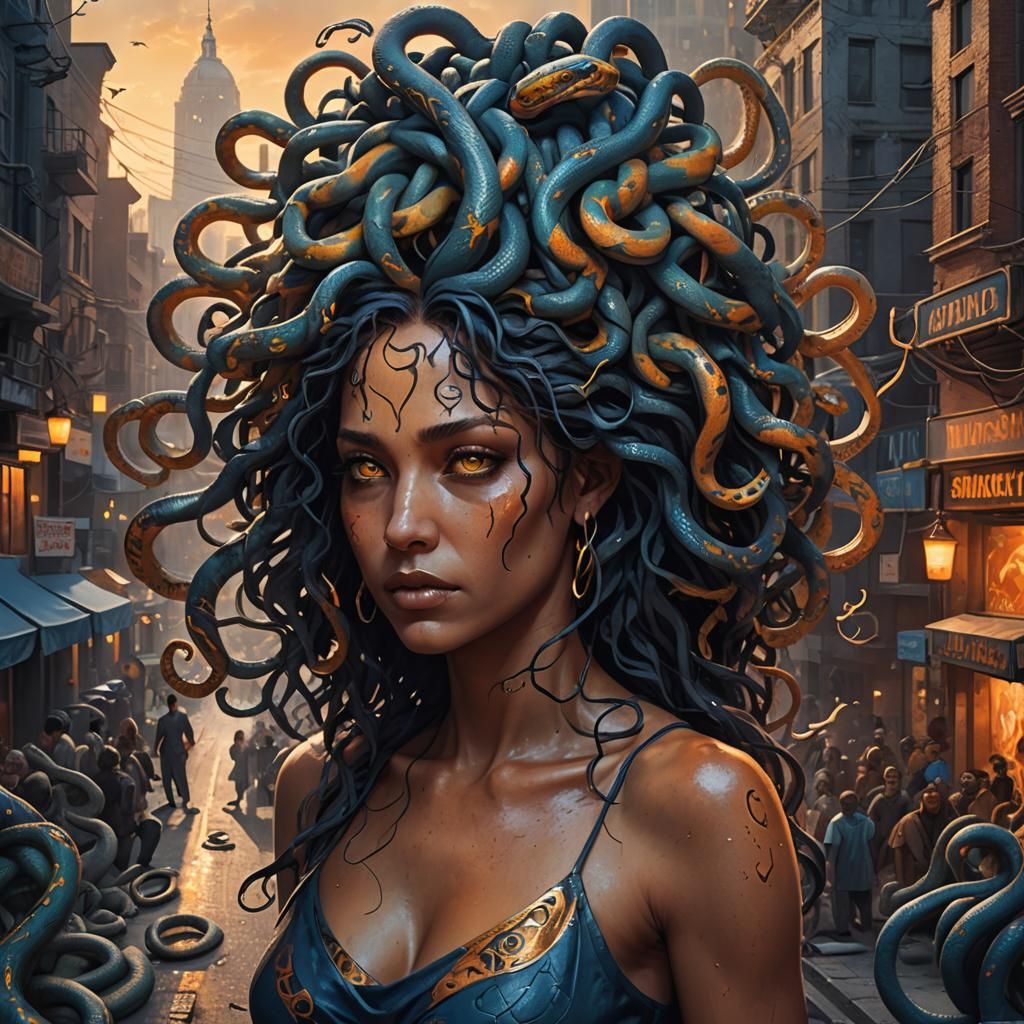 Medusa in Crowded Street: Urban Fantasy Concept Art