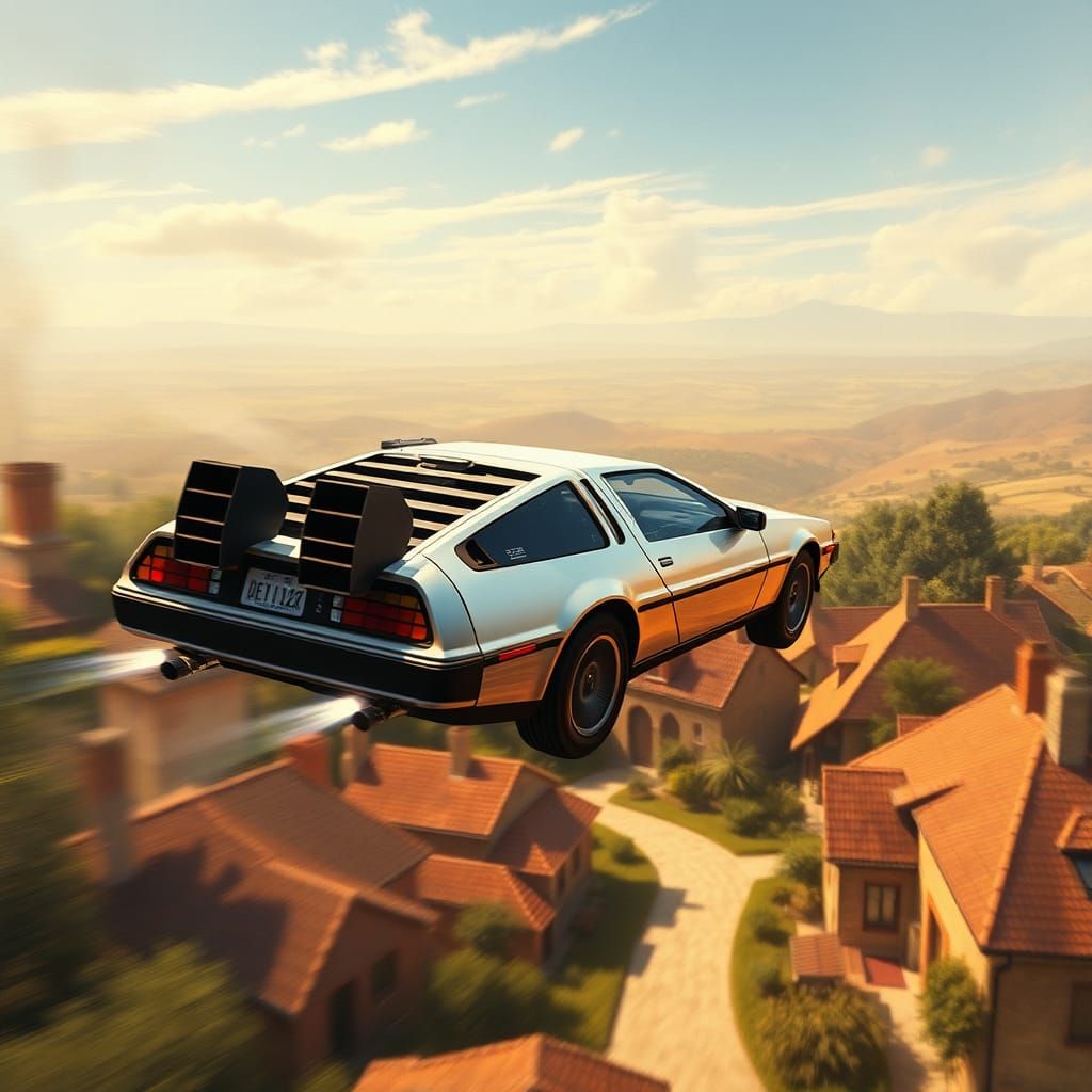 Flying DeLorean Over Quaint English Village