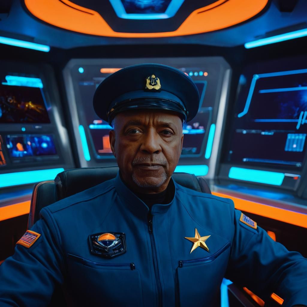 Futuristic Spaceship Captain in Neon Command Center