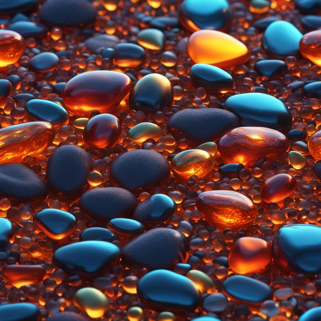 Glass pebble beach, warm vibrant glow