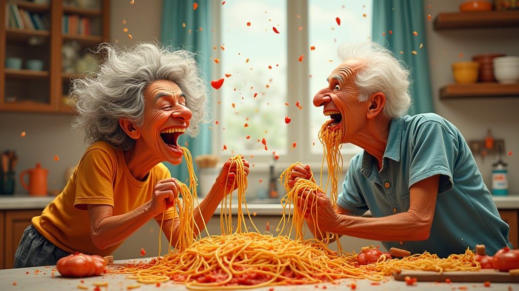 Whimsical Spaghetti Battle between Playful Grandma and Grand...