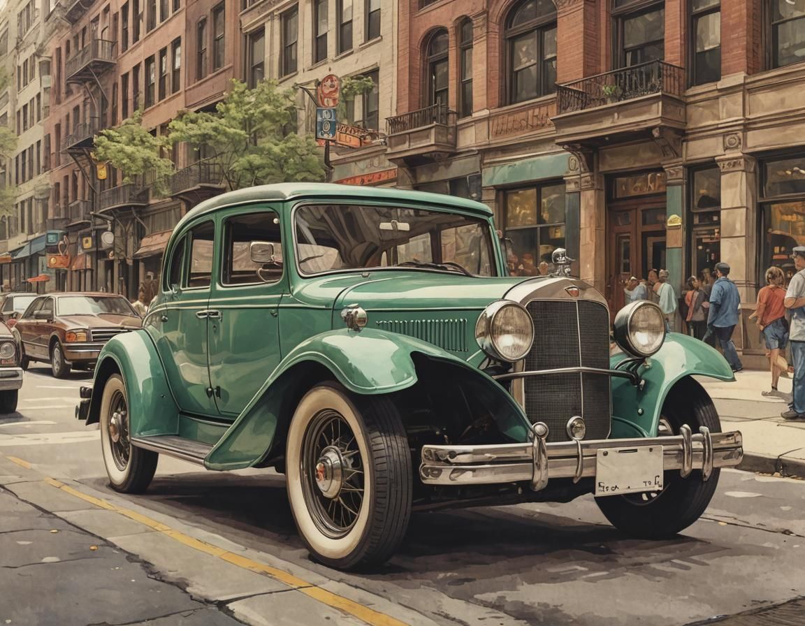 Vintage Car in Chicago: Detailed Scientific Illustration