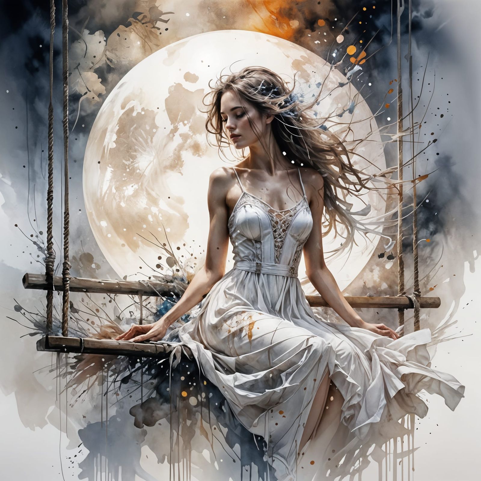 Maiden on Moonlit Swing: Romantic Fantasy Art
