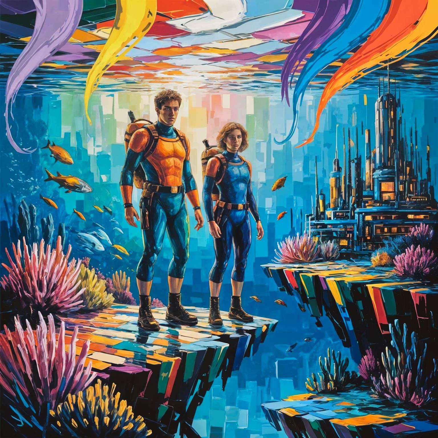 Underwater Explorers in Abstract Expressionist Cityscape