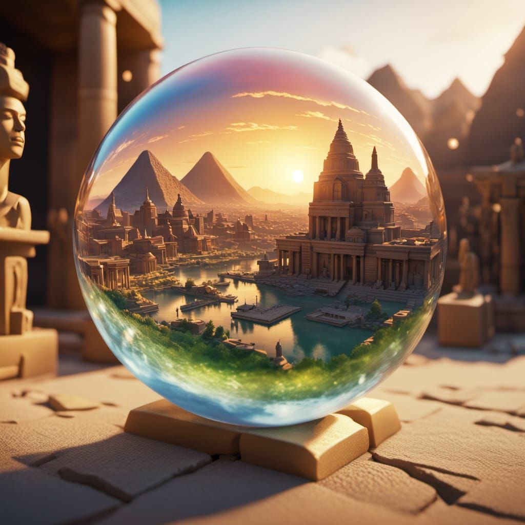 Ancient Egyptian civilization inside soap bubbles. Close-up....