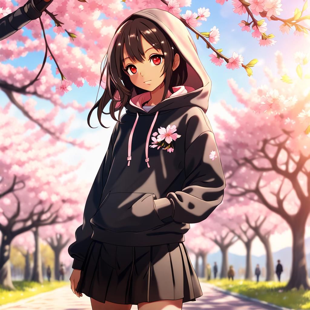 Anime Girl Under Cherry Tree in Vivid Colors