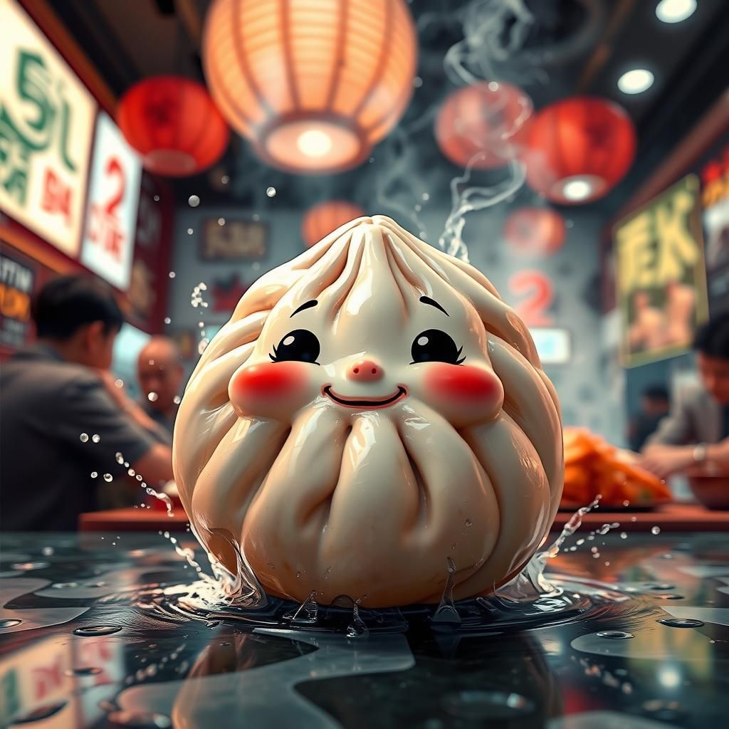 Animated Dumpling in Sushi Restaurant: Hyperrealistic Splash...