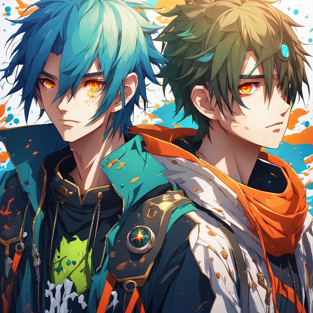 Anime Twins: Blue Hair, Red Eyes & Green Hair, Orange Eyes