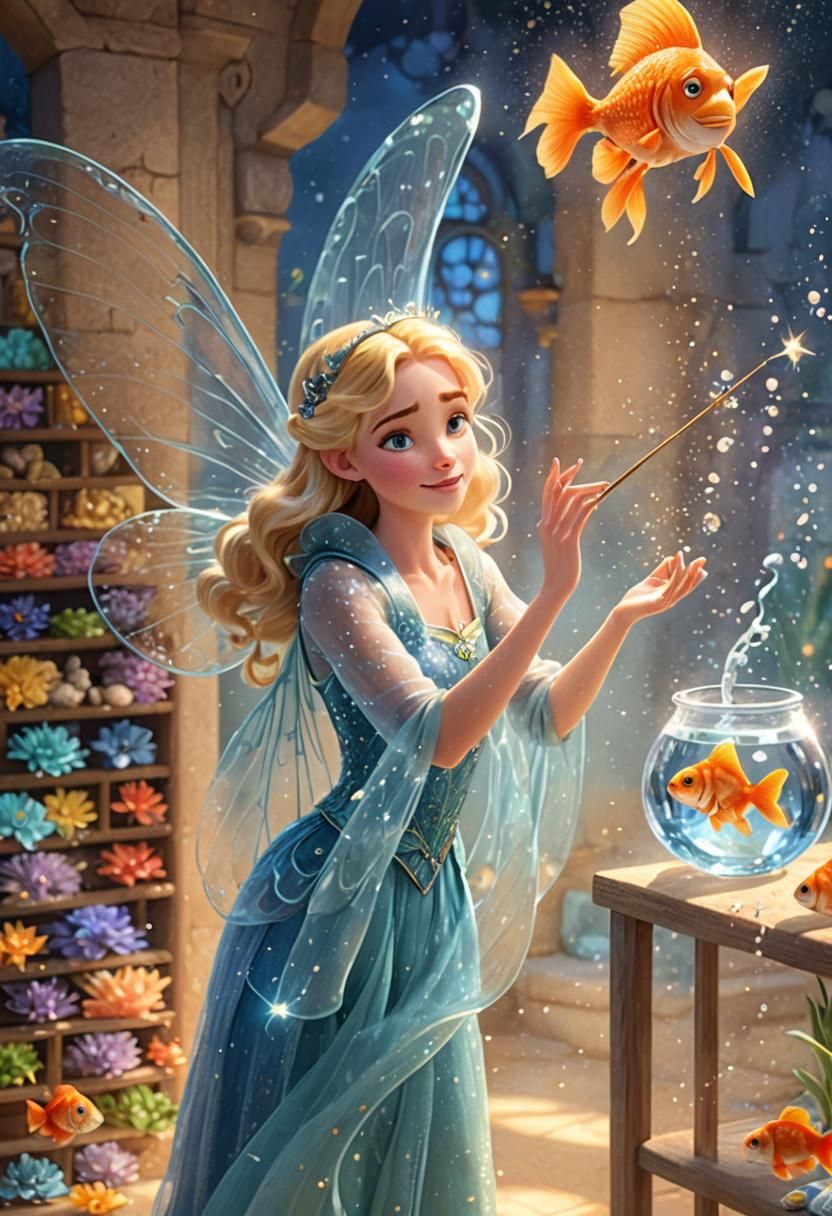 Blue Fairy and Cleo in Disney Pixar Style