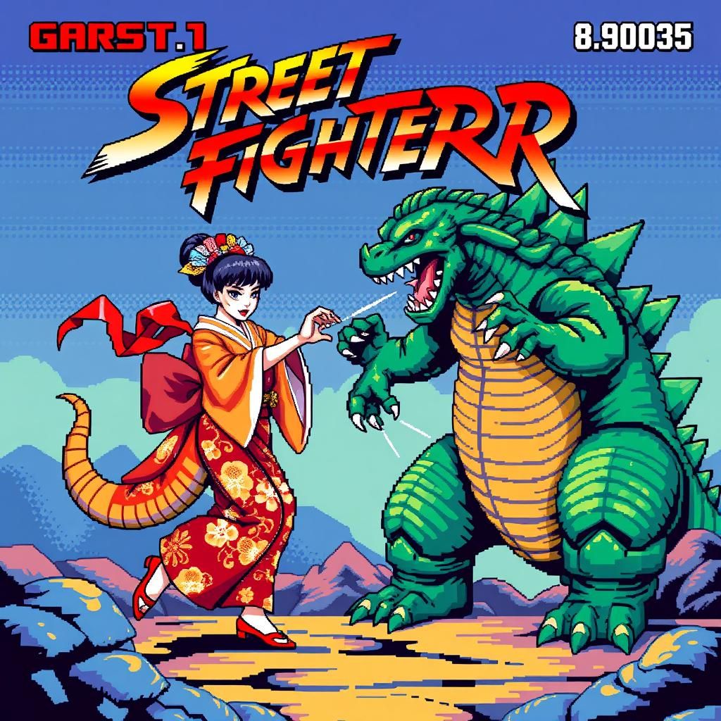 Geisha vs Godzilla: 8-Bit Street Fighter Pixel Art