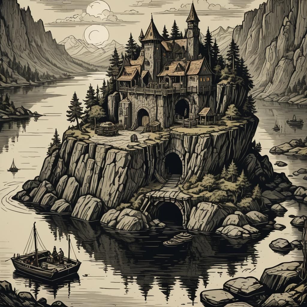 D&D Fortress Hideaway in Rembrandt Woodcut Style