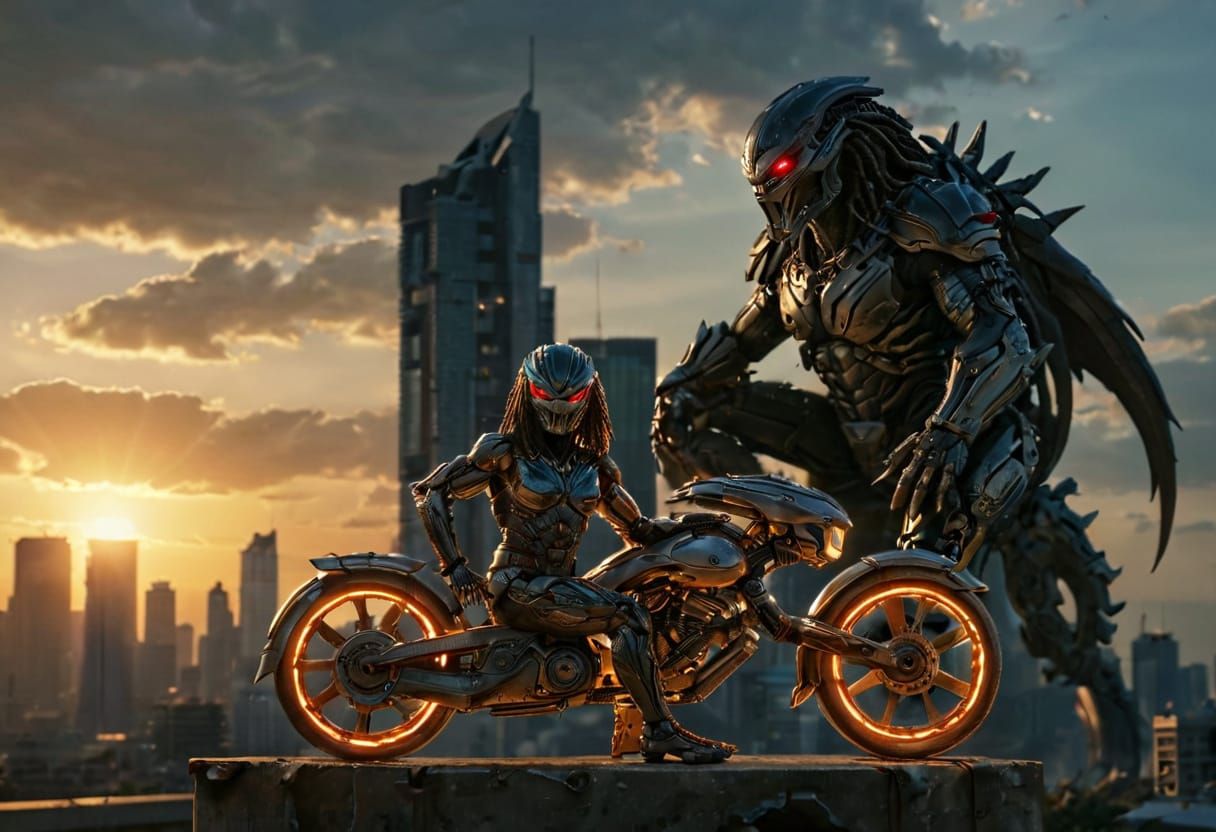 Cyberpunk Predator on Biomechanical Motorcycle