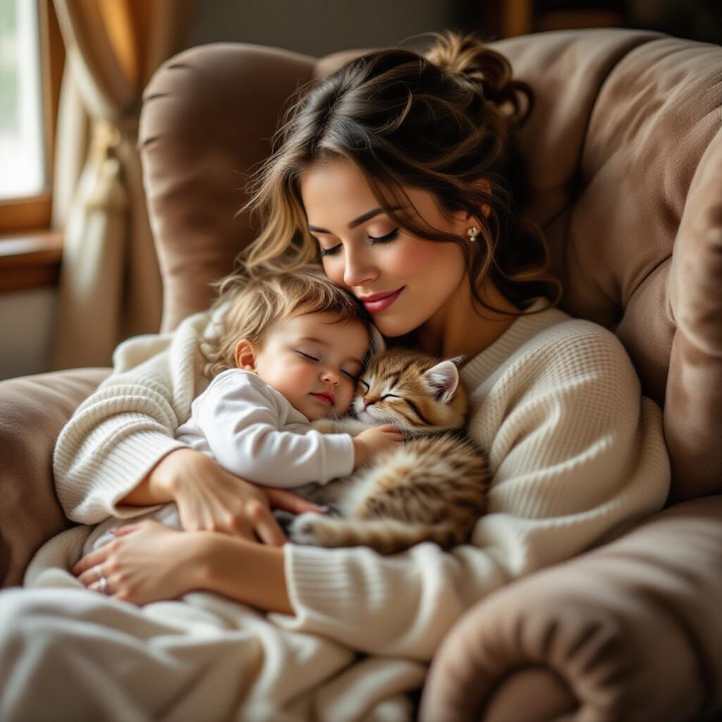 Cozy Cinematic Film Still: Baby Sleeping in Mother's Arms