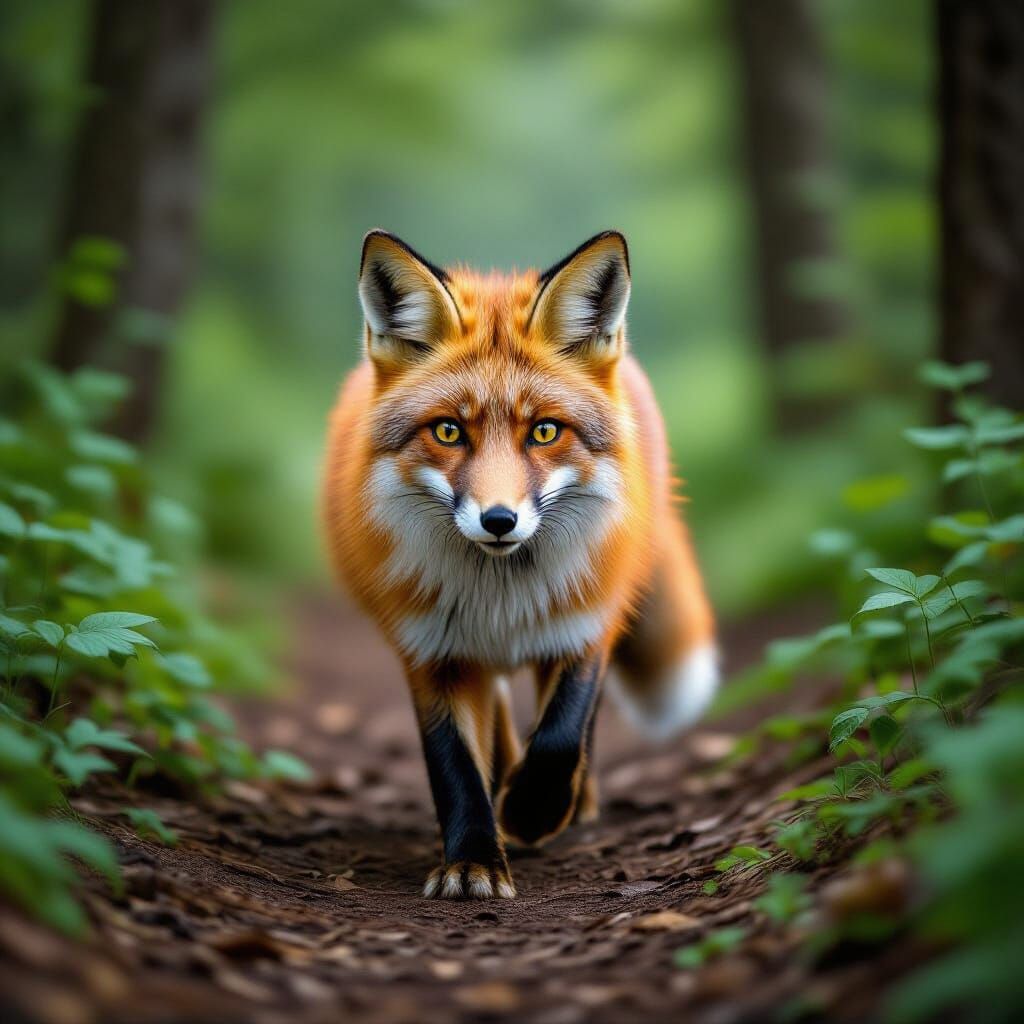Photorealistic Red Fox Running Through Forest Path
